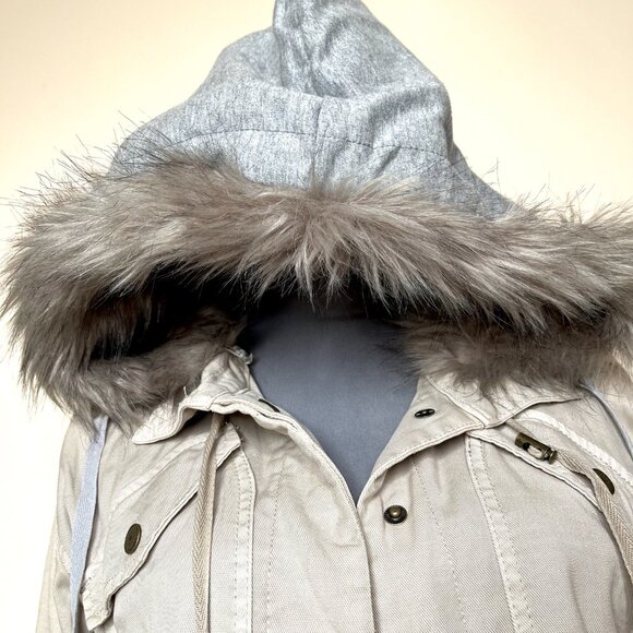 Marrakech Beige Faux Fur Lined Hood Jacket Size XS Brown Utility Cargo Packable - Picture 4 of 16